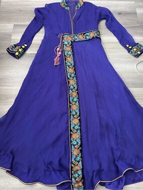 Pakistani desi Indian Embroidered Purple Maxi Dress with Floral Trim